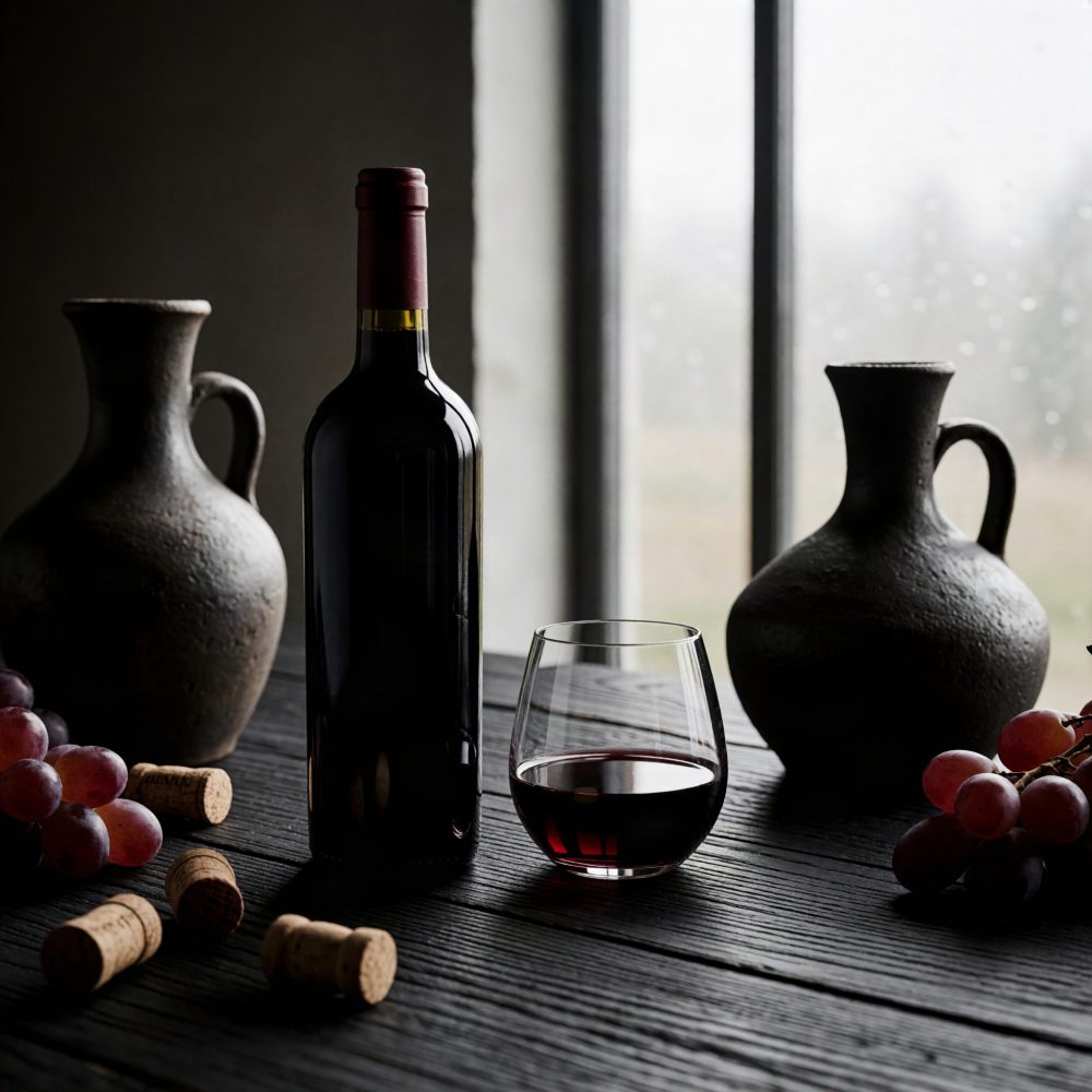 Garrafa de vinho tinto com copo, uvas e jarros de cerâmica sobre mesa de madeira escura