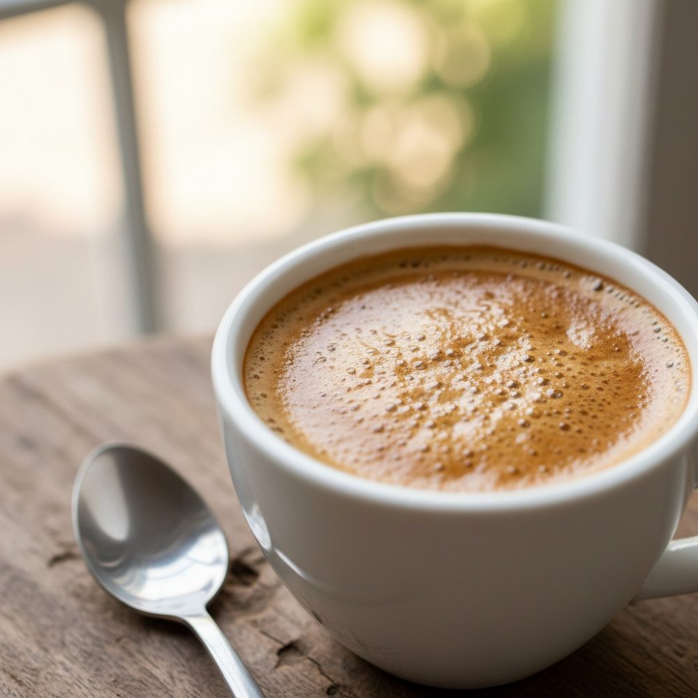 Chávena branca com café espumoso e colher metálica sobre mesa de madeira rústica