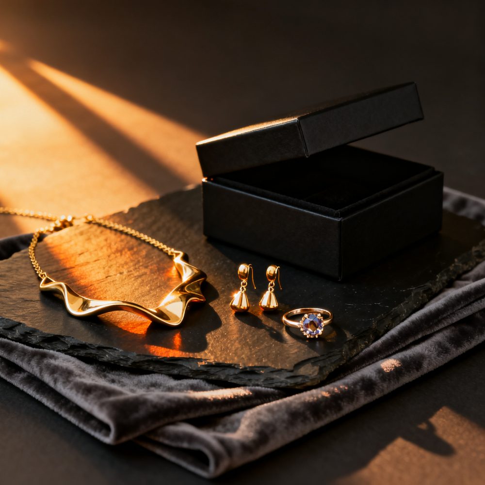 Conjunto de colar dourado, brincos e anel com pedra roxa sobre placa negra com caixa preta aberta