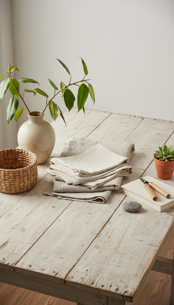 Mesa de madeira envelhecida com vaso com folhas, guardanapos, cesta e planta em ambiente minimalista