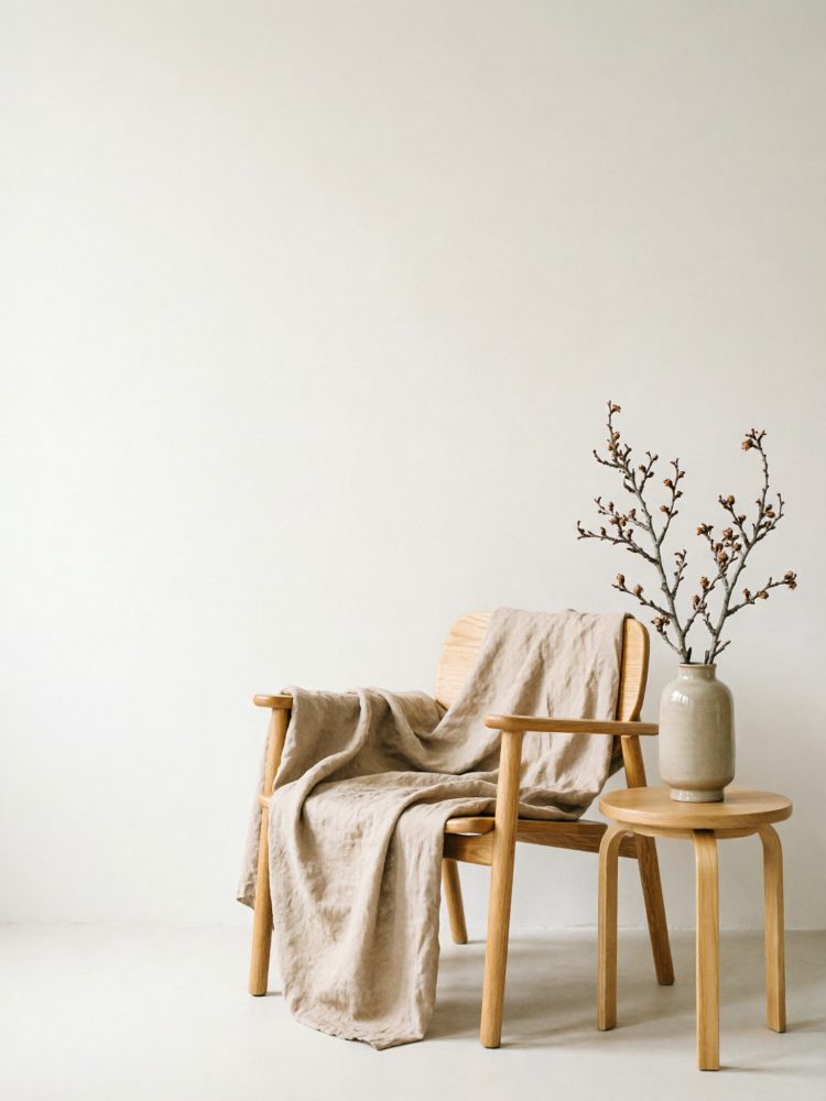 Cadeira de madeira clara com manta bege e mesa lateral com jarra e ramos secos para decoração