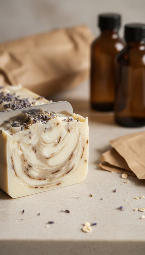 Sabonete artesanal com lavanda e aveia ao lado de frascos de vidro âmbar e embalagens kraft
