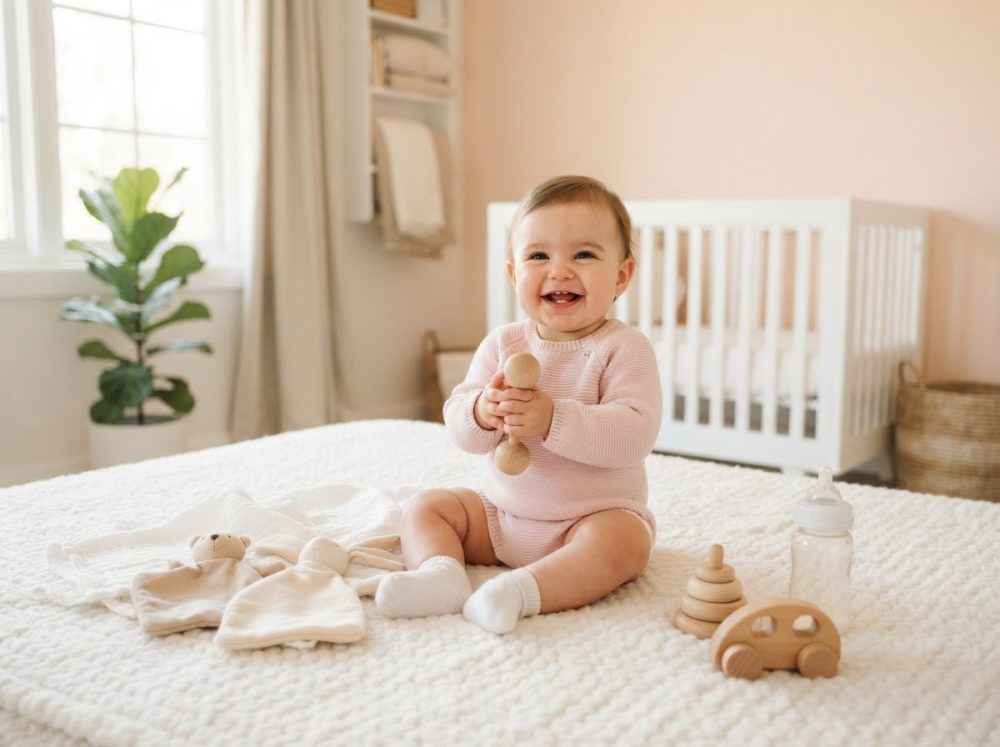 Bebé sorridente sentada numa cama branca com brinquedos de madeira num quarto iluminado e acolhedor
