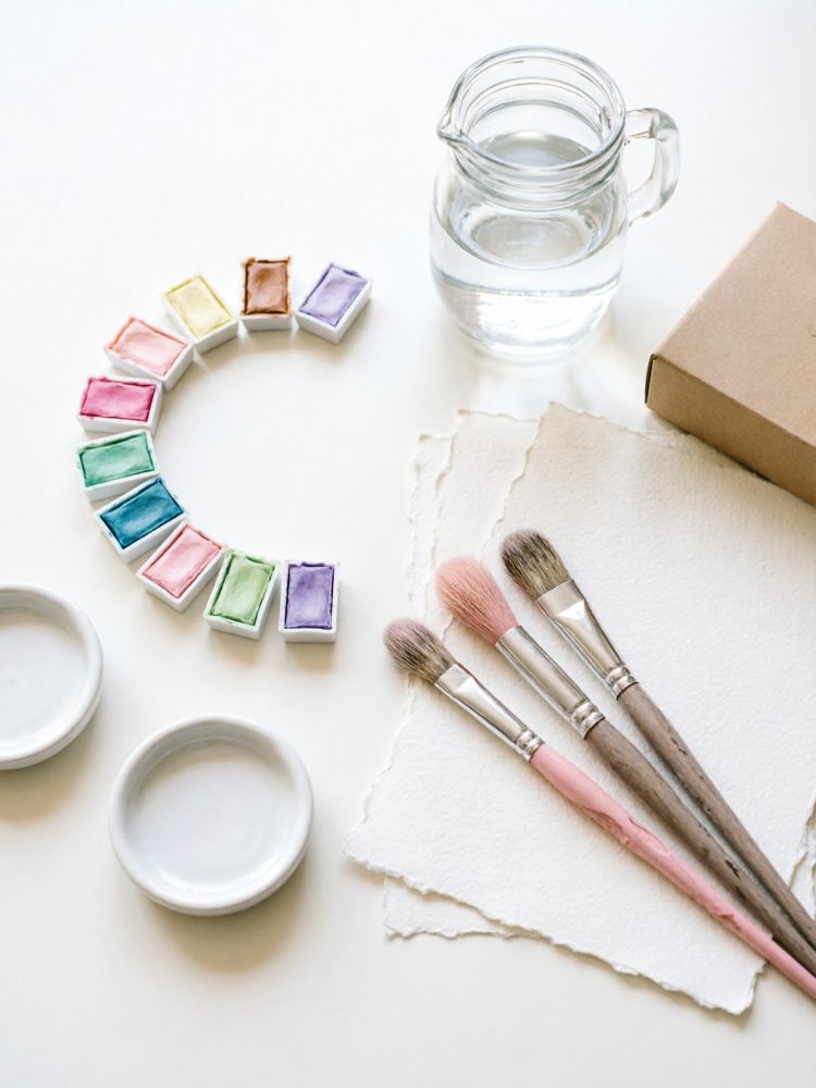 Materiais para pintura em aquarela com pincéis, jarro de água, papel e paleta de cores