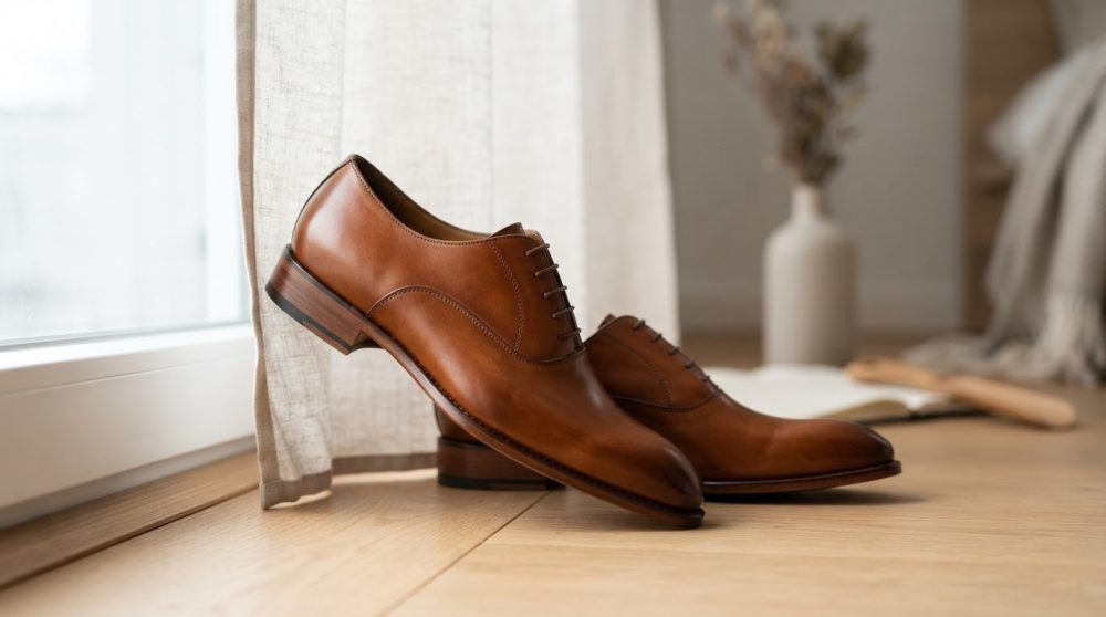 Sapatos clássicos de couro castanho posicionados em chão de madeira junto a uma janela com luz suave