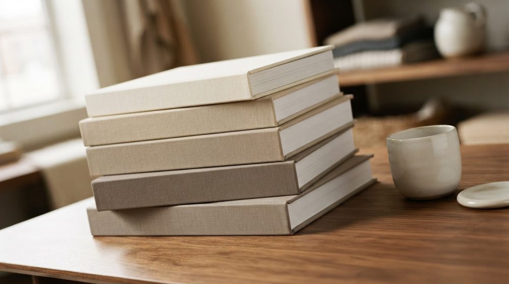 Pilha de livros com capas em tons neutros sobre mesa de madeira com caneca branca