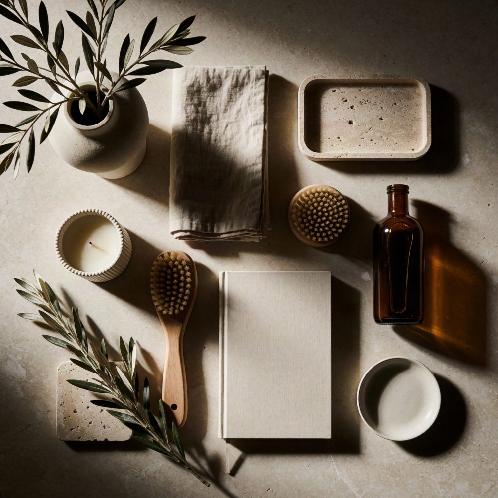 Conjunto de objetos naturais e decorativos minimalistas sobre mesa clara