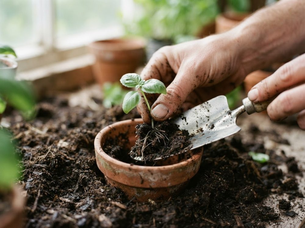 Mãos a plantar muda de manjericão em vaso de barro com terra escura