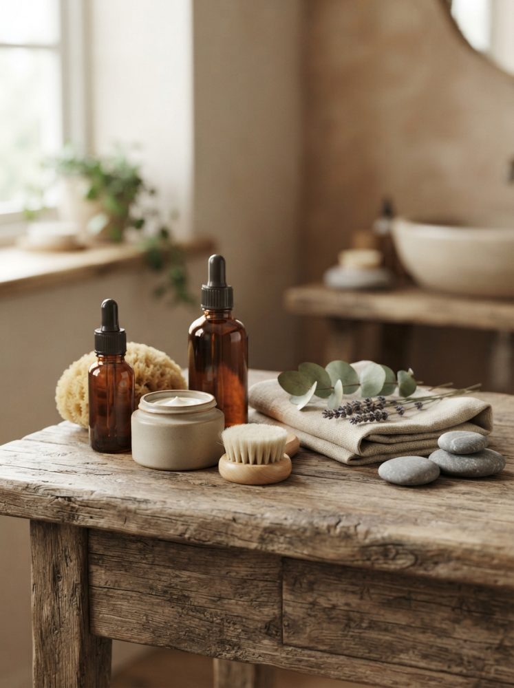 Produtos naturais de beleza com frascos âmbar, vela, escova e toalha numa mesa rústica de madeira