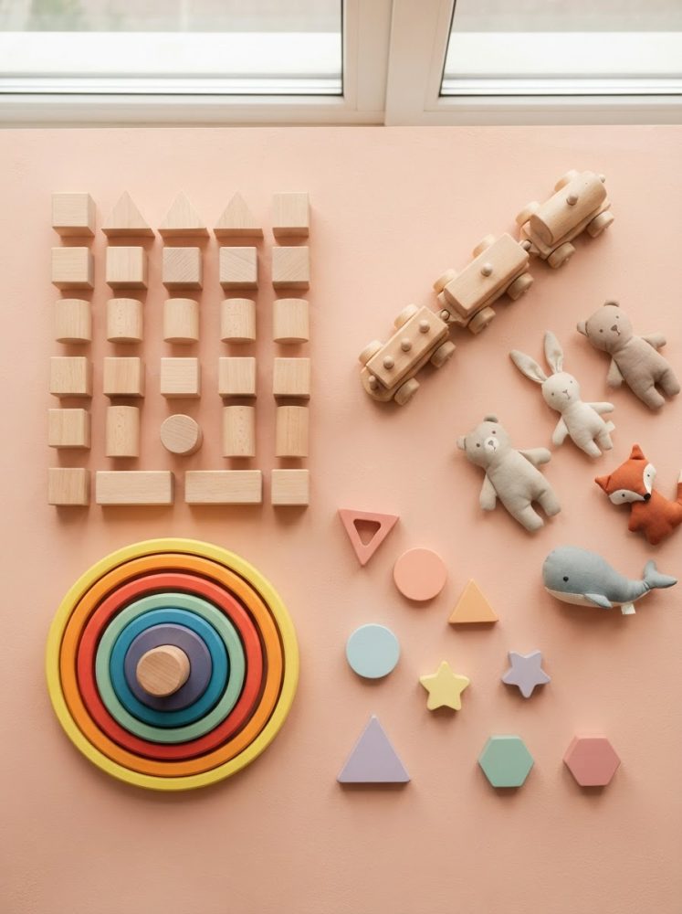 Brinquedos de madeira e peluches organizados sobre mesa cor-de-rosa
