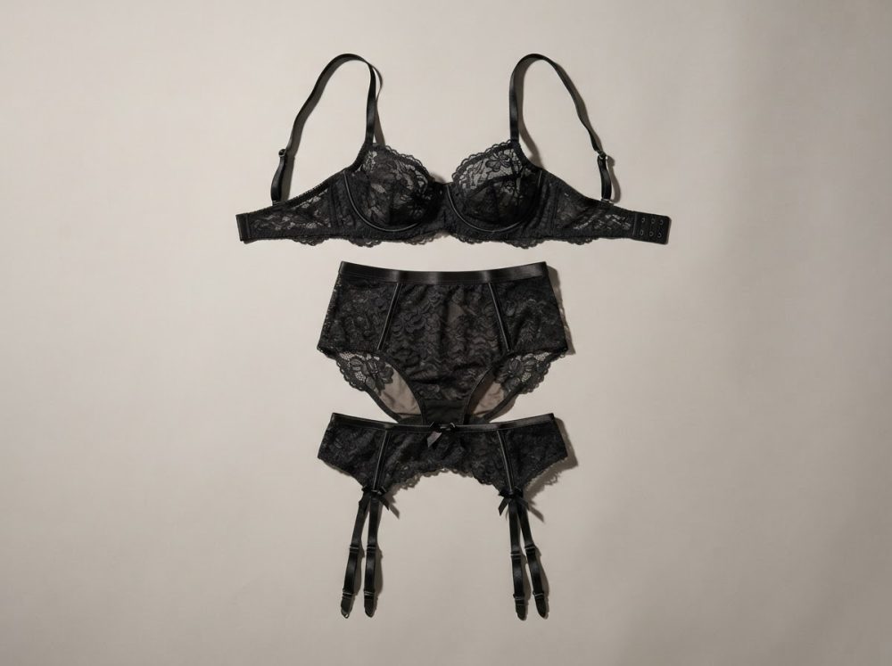 Conjunto de lingerie preta em renda com soutien, cueca e cinta-liga dispostos sobre fundo claro
