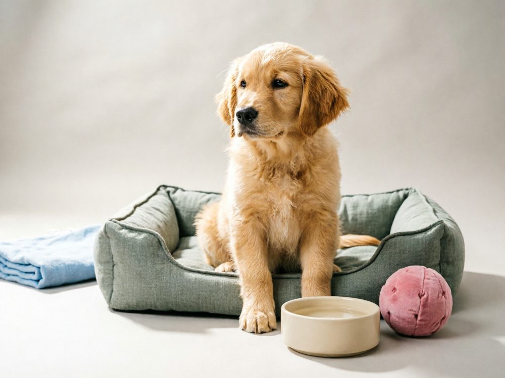 Filhote de cão dourado sentado em cama verde com brinquedo rosa e tigela clara com água