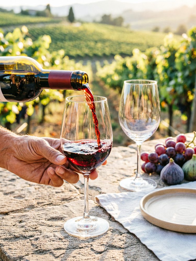 Vinho tinto a ser servido numa taça numa mesa de pedra com uvas e figos ao lado e vinhas ao fundo