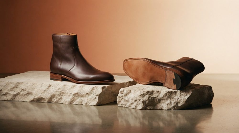 Botas masculinas de pele castanha exibidas sobre pedras claras com fundo neutro
