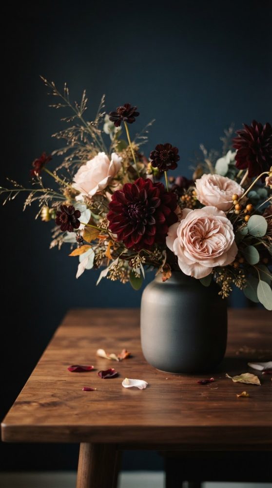 Arranjo floral com flores bordô e rosas claras num vaso cinza sobre mesa de madeira escura