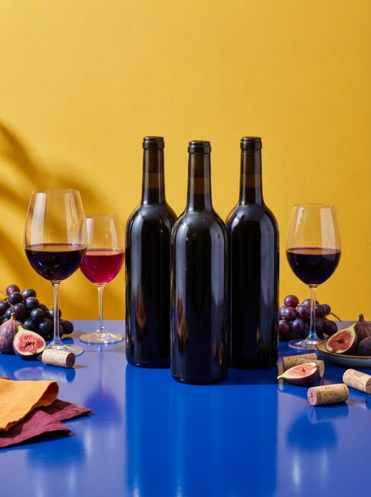 Três garrafas de vinho tinto, copos com vinho, figos cortados e uvas sobre mesa azul e fundo amarelo