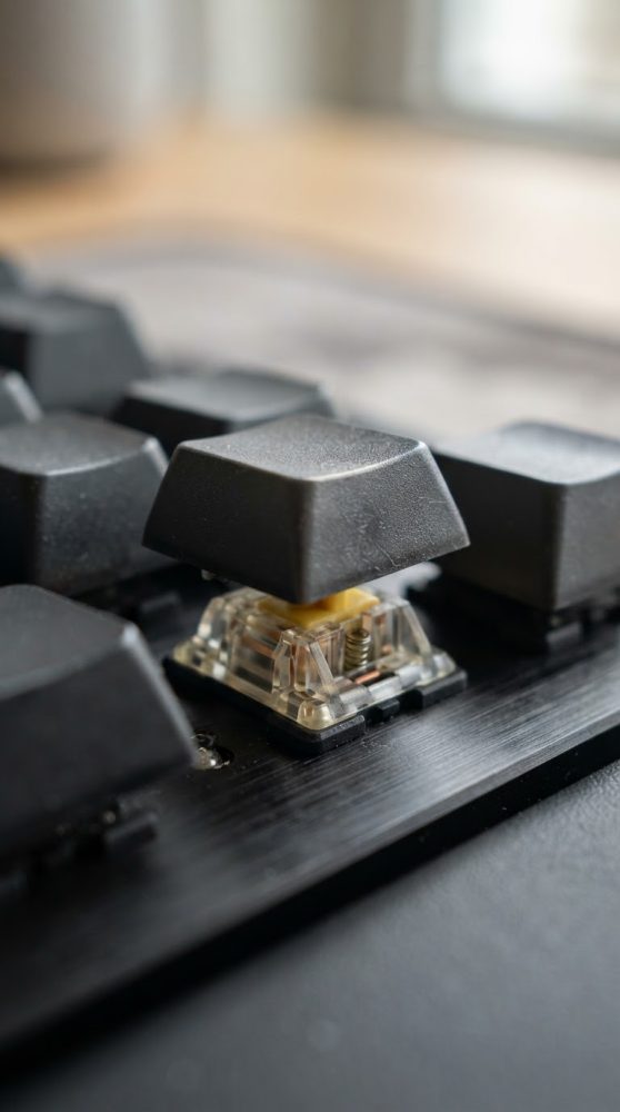Tecla preta de teclado mecânico destacada mostrando o mecanismo interno transparente