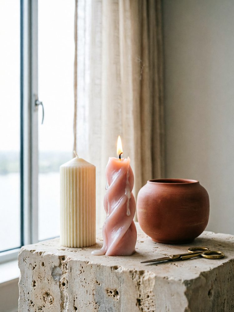 Velas decorativas, uma rosa acesa e outra creme, com vaso cerâmico e tesoura numa pedra junto a janela