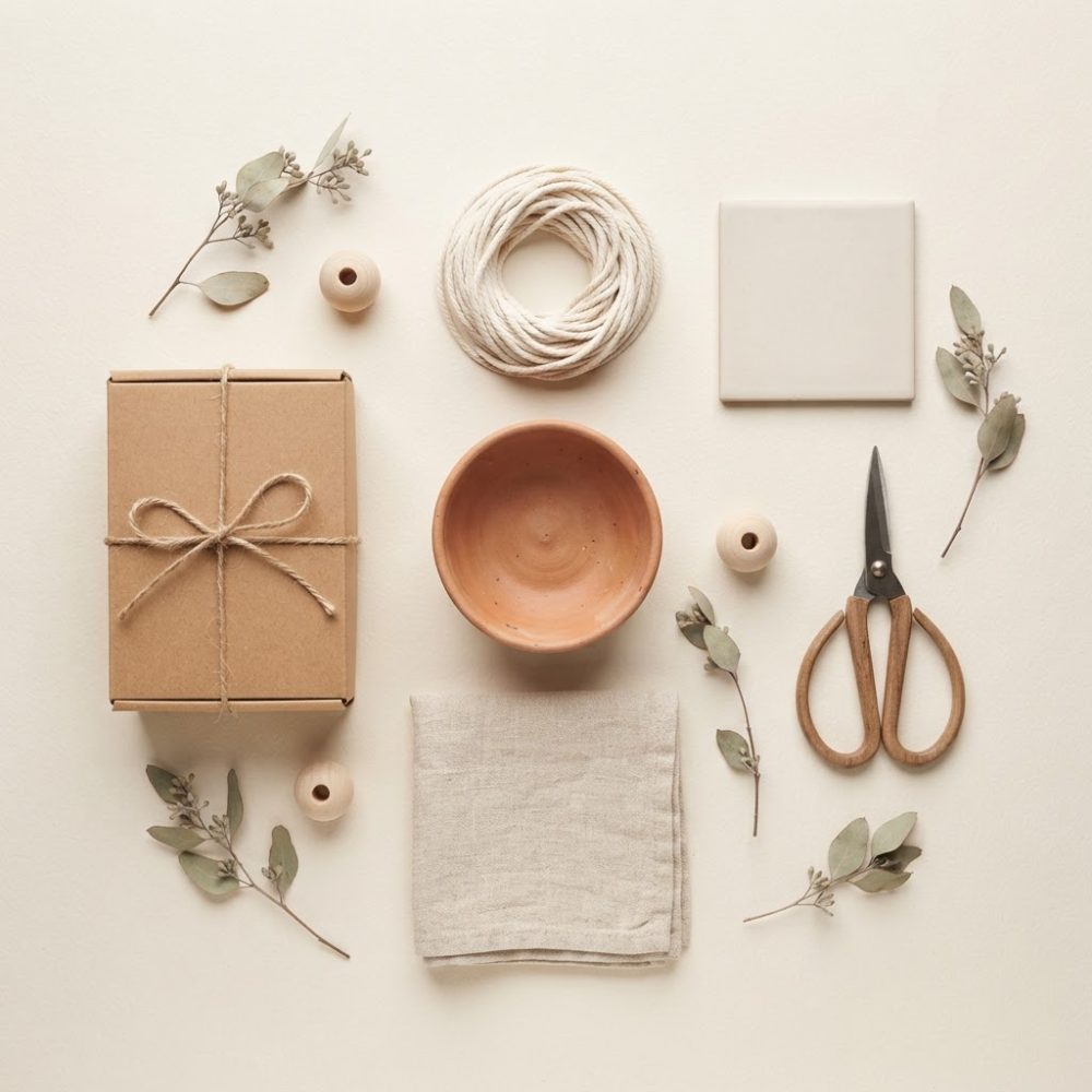 Conjunto organizado de ferramentas e materiais naturais para artesanato em fundo claro