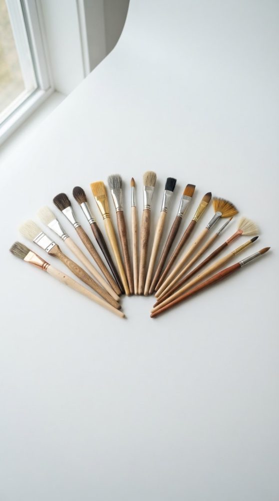 Pincéis de pintura variados dispostos em leque sobre superfície branca junto a janela