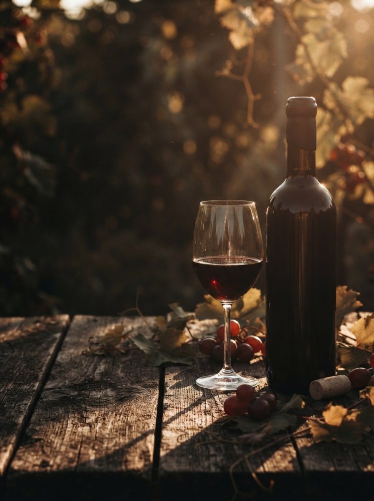 Garrafa de vinho tinto com copo, uvas vermelhas e folhas sobre mesa de madeira rústica