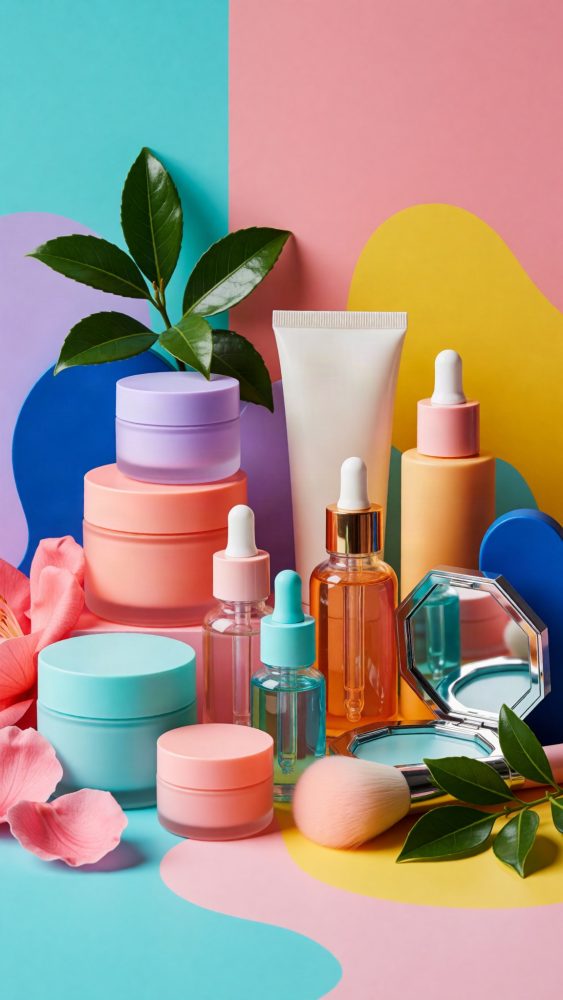 Produtos de beleza coloridos com frascos, cremes, pincel e folhas verdes sobre fundo vibrante