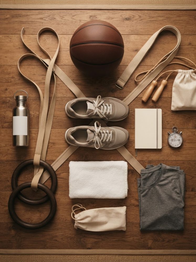 Equipamento desportivo organizado com ténis, bola basquetebol, corda, argolas, garrafa, toalha e roupa sobre piso de madeira.