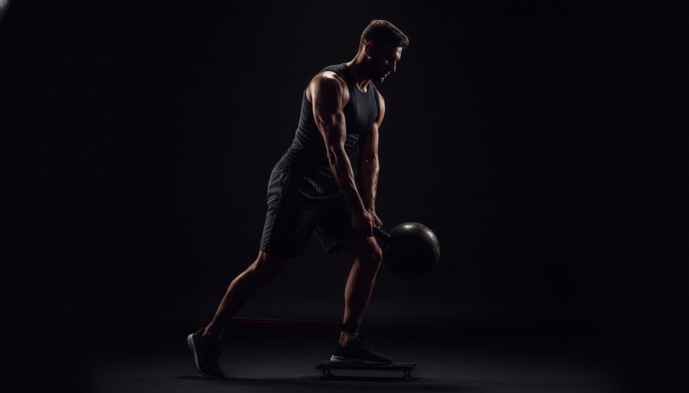 Atleta masculino a usar kettlebell e banda elástica em treino de força com fundo escuro