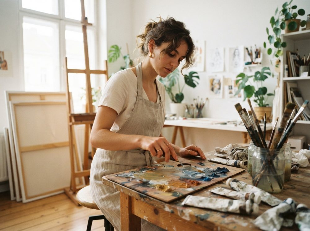 Mulher a misturar tintas numa paleta de pintura num estúdio com luz natural