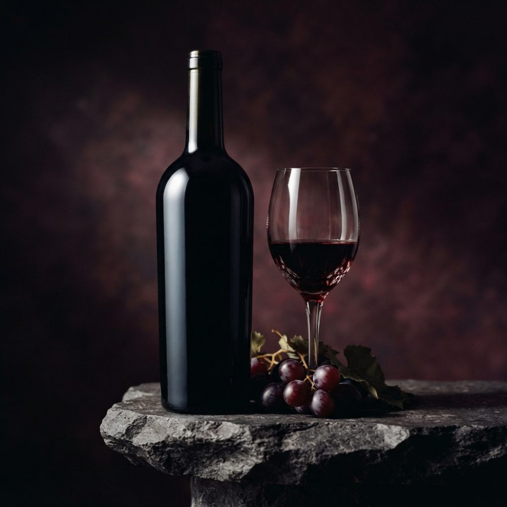 Garrafa de vinho tinto, copo com vinho e uvas sobre mesa de pedra rústica e fundo castanho