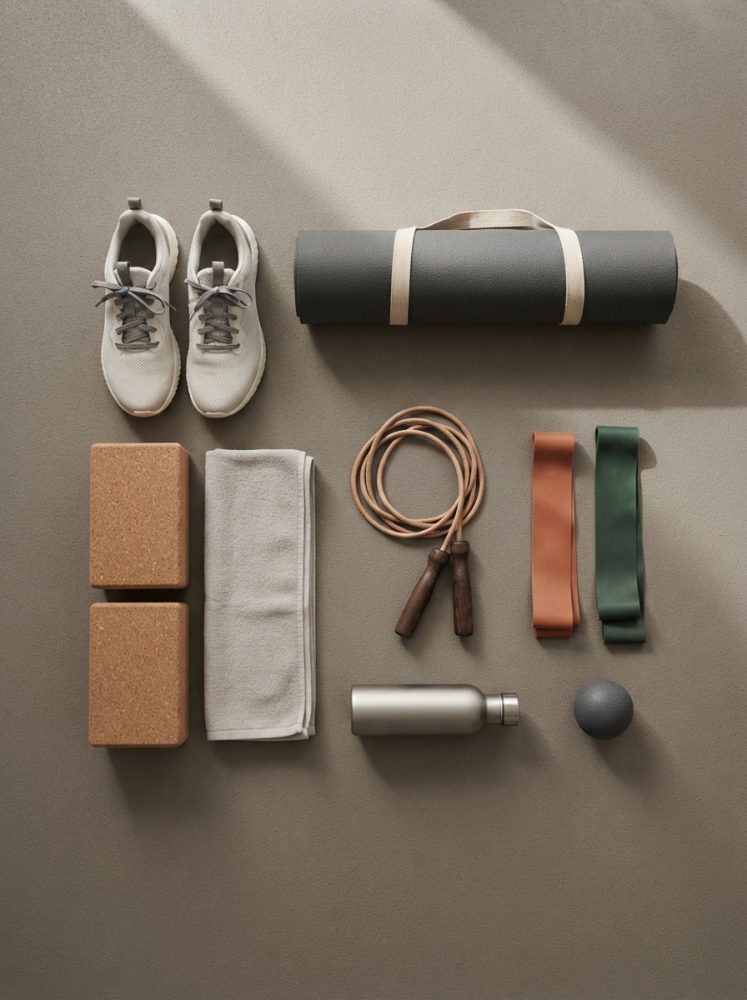 Equipamento de treino e yoga organizado com sapatilhas, tapete, blocos, corda, elásticos, toalha, garrafa e bola