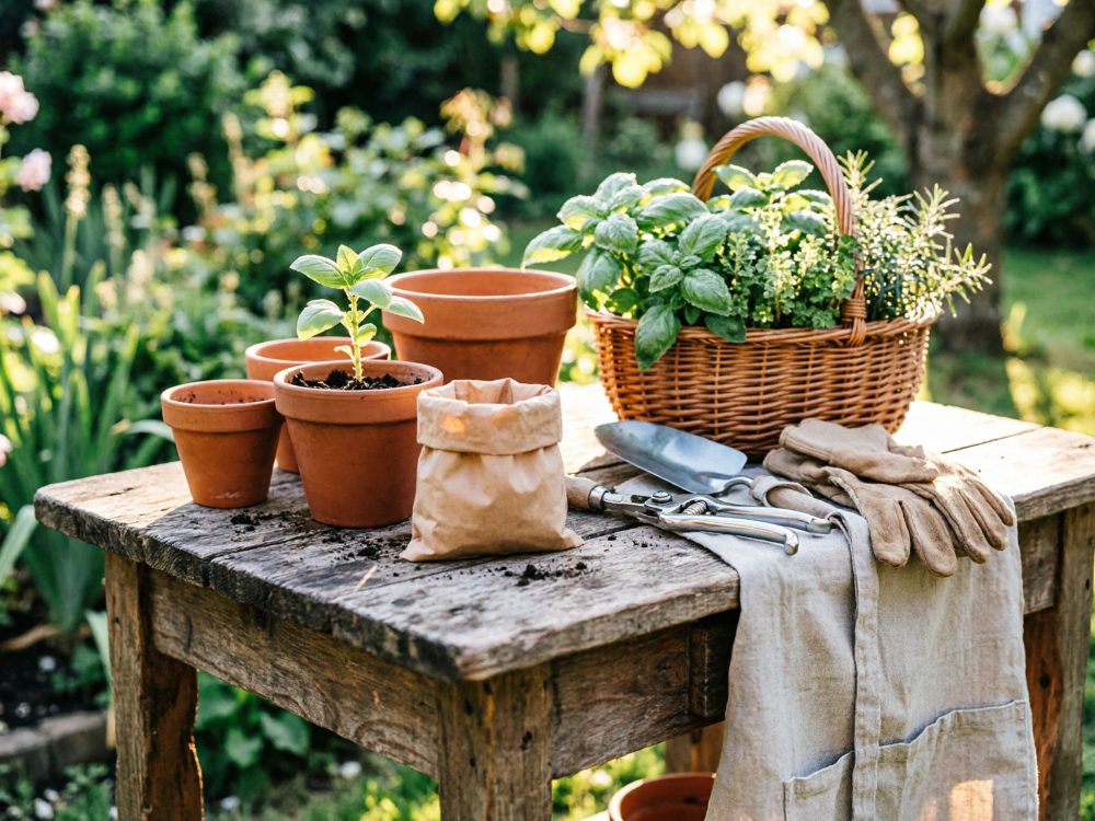 Mesa rústica com vasos de barro, plantas, ferramentas de jardinagem e cesta com ervas frescas ao sol