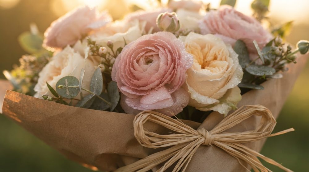 Bouquet de flores rosa e creme com gotas de orvalho envolto em papel pardo e laço rústico ao luar