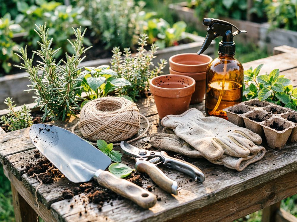 Mesa de madeira com ferramentas de jardinagem, vasos, luvas e planta aromáticas ao fundo