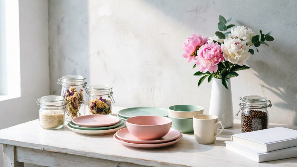 Mesa com louças verdes e rosas, jarros de vidro com flores e grãos e vaso branco com peônias