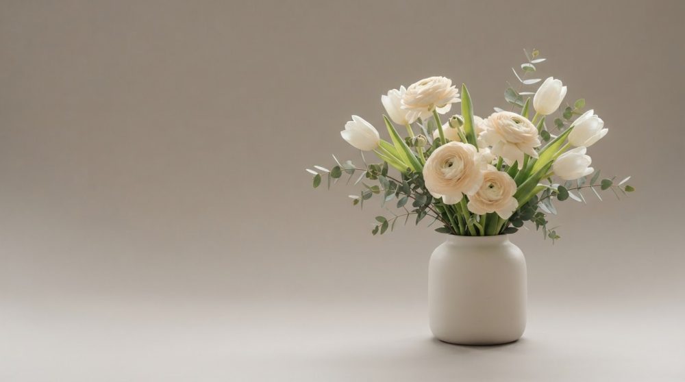 Arranjo de flores brancas em vaso branco sobre fundo neutro