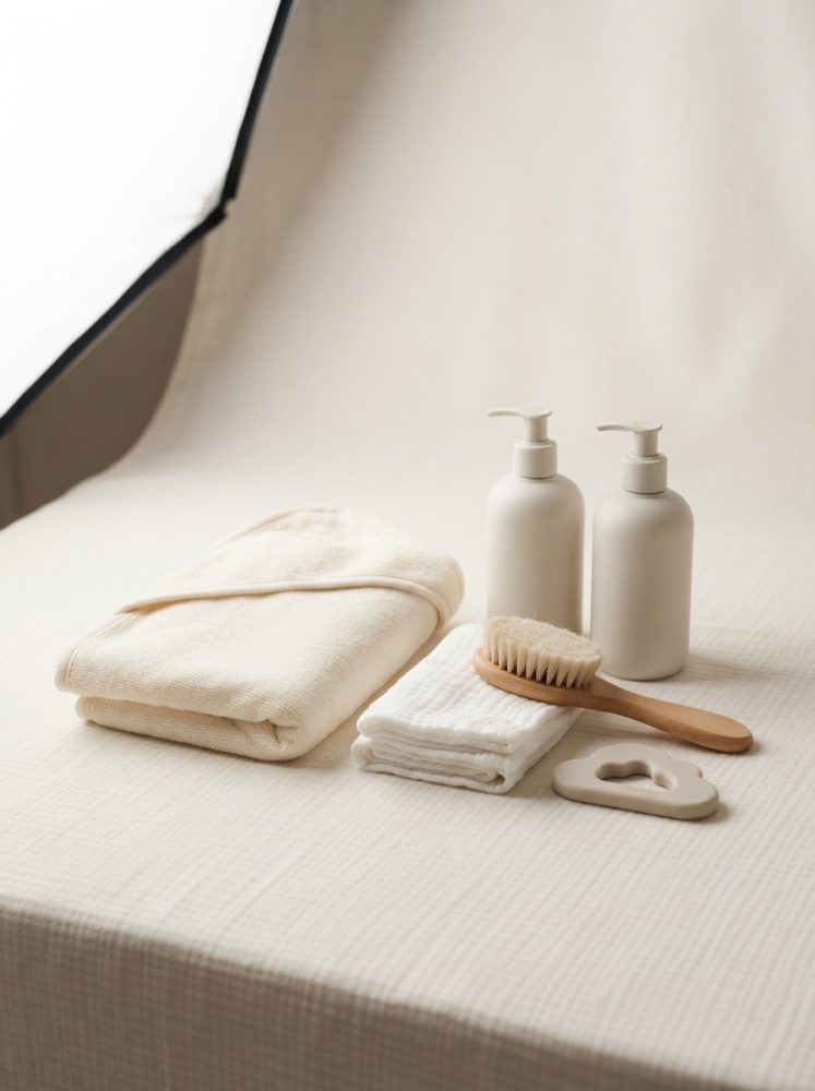 Kit de cuidados para bebé com toalha, escova, dispensadores e pano em tons neutros