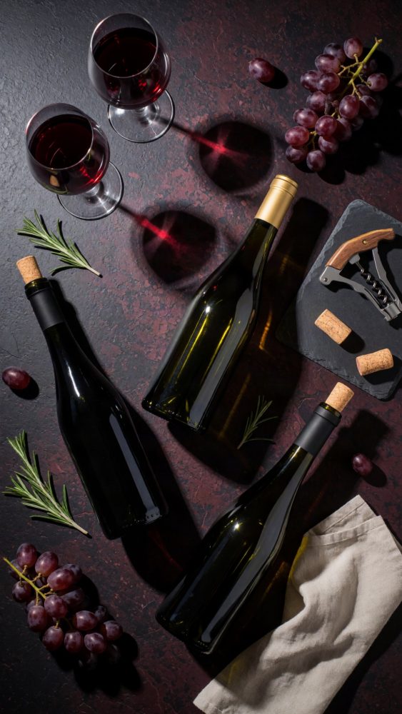Garrafas e copos de vinho tinto com uvas, rolhas e um saca-rolhas sobre mesa escura