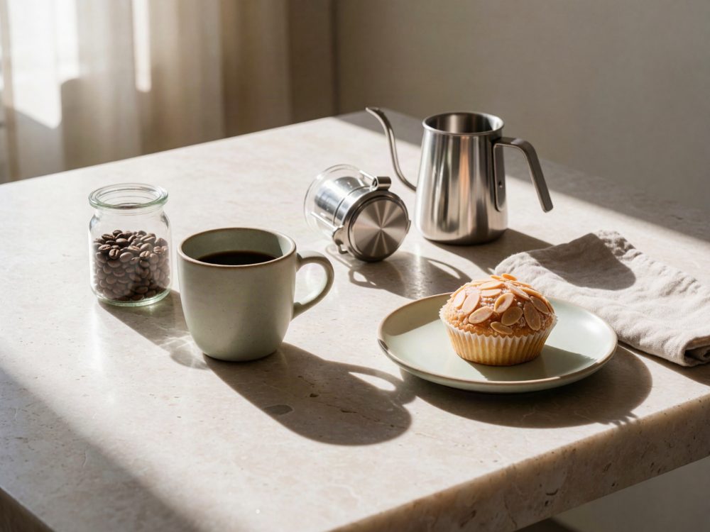 Mesa com caneca de café, frasco de grãos, cafeteira de metal e muffin num prato sob a luz do dia