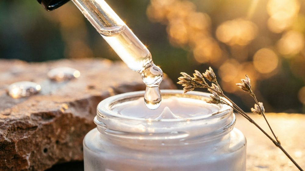 Frasco aberto de creme com conta-gotas a pingar sérum e flor seca ao pôr do sol