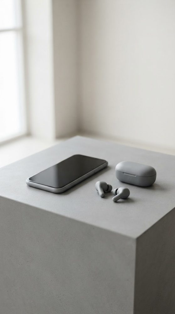 Smartphone e auscultadores wireless cinzentos com estojo sobre mesa minimalista cinza