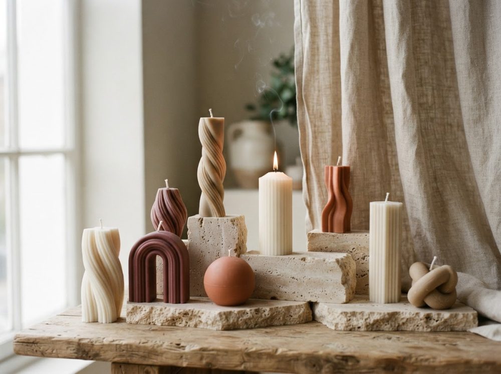 Conjunto de velas decorativas em tons neutros e terracota sobre pedras naturais e madeira rústica