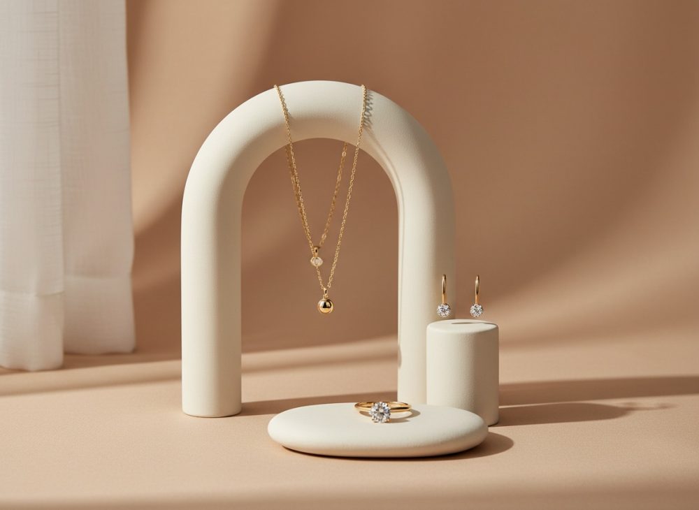 Conjunto de joias douradas com diamantes sobre suportes creme em fundo bege