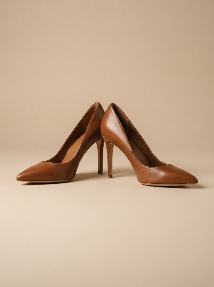 Sapatos de salto alto castanhos elegantes femininos sobre fundo bege