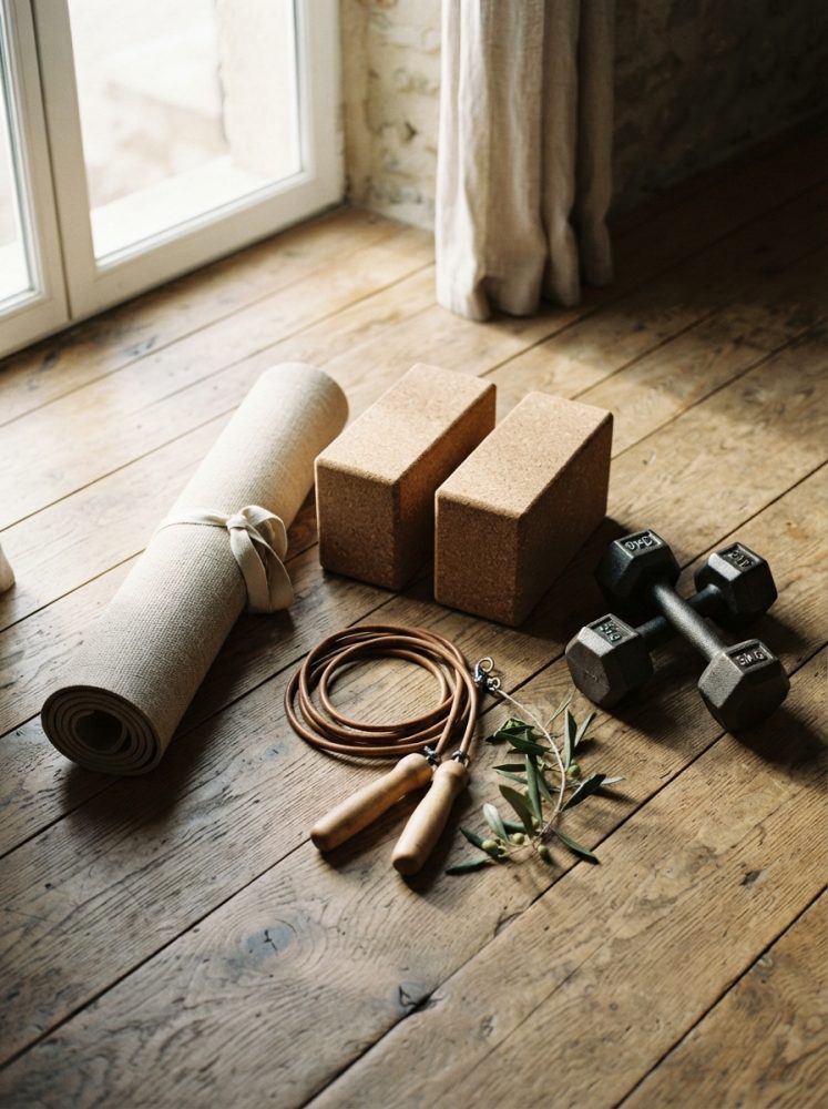Equipamento de fitness com tapete, blocos de cortiça, corda de saltar e halteres em chão de madeira natural