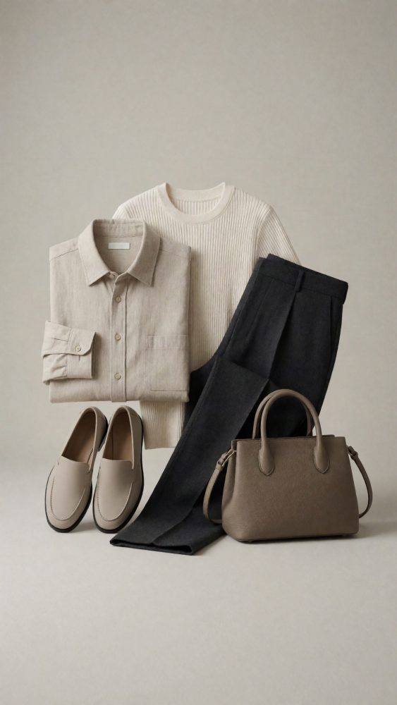 Conjunto masculino com camisa bege, camisola branca, calças pretas, sapatos bege e mala castanha.