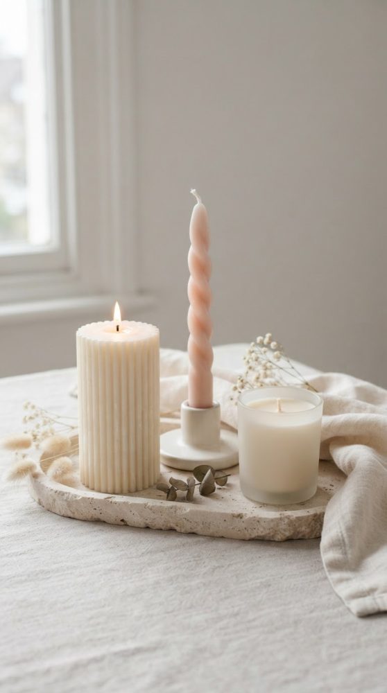 Três velas decorativas em tons claros sobre base rústica com tecido neutro e luz natural