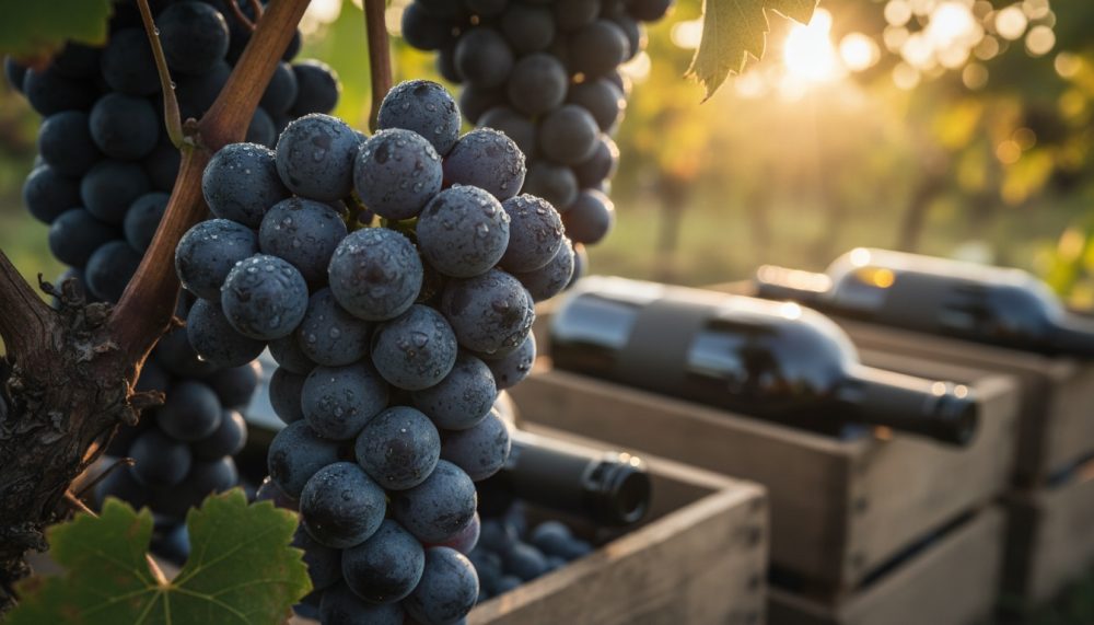 Cacho de uvas pretas com gotas de orvalho pendurado em videira, caixas de vinho em madeira e luz do pôr do sol ao fundo