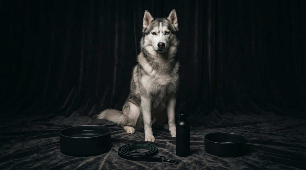 Cão Husky Siberiano sentado com comedouro, bebedouro, coleira e recipiente pretos sobre fundo escuro