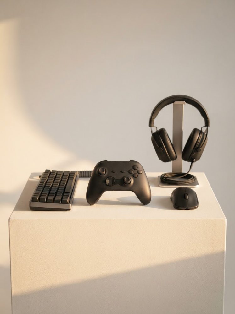 Teclado, comando, rato e auscultadores de gaming pretos num pedestal branco com sombra suave